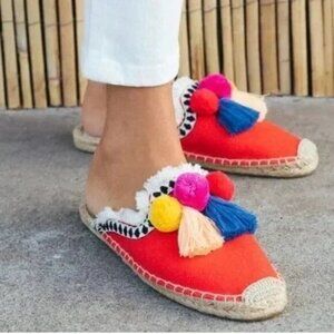 Soludos Coco Red Espadrilles Slip-On Mules Sandals Pom Pom Boho Women's 6.5
